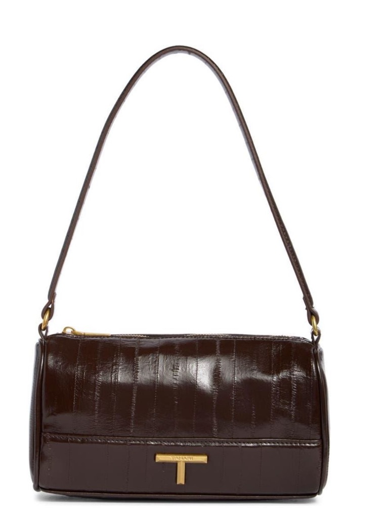 Tahari Metallic Dark Brown Shoulder Bag With Gold T Detail Nwt